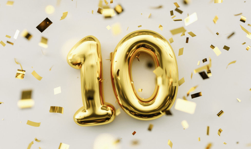 10 year balloon and ticker tape 